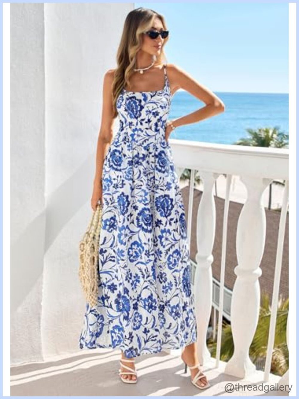Women's Boho Maxi Dress A Line Eyelet Floral Sundress Spaghetti Strap